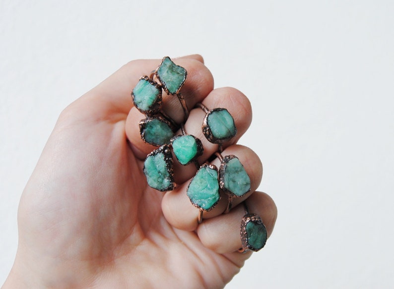 Raw emerald ring, rough emerald ring, may birthstone ring, raw crystal ring, natural emerald ring, boho jewelry, emerald copper ring image 1