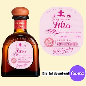 Custom Pink Tequila Label, Personalized Gift (Digital Download)