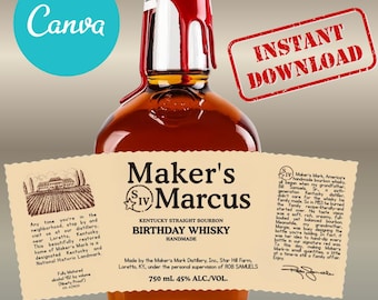 Custom Whiskey Label, Bourbon Birthday Gift Template (Digital Download)