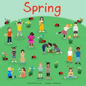 Puede incluir: Ilustración colorida con la palabra "Spring" en rojo en la parte superior. Niños representados en una colina verde, algunos sosteniendo flores, con mariquitas dispersas. El estilo es caprichoso e infantil.