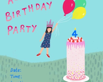 Custom Hand Drawn Digital kids birthday invite illustration | kids party | Girl with balloons