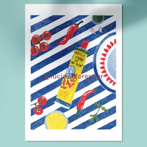 May include: A colored pencil illustration on a blue and white striped background featuring a yellow tube of Harissa du Phare Cap Bon, red chili peppers, cherry tomatoes on the vine, a bowl of yellow grains, a plate with red patterns, and herbs.