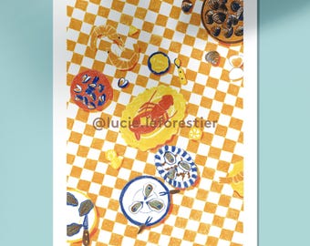 May include: An art print featuring a top-down view of a table with a yellow and white checkered tablecloth. The scene displays various seafood dishes including a red lobster, oysters, shrimp, and mussels, with the text @lucie.leforestier.