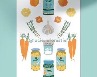 May include: A white art print featuring a collection of food illustrations including onions, lemons, carrots, thyme, garlic, bouillon cubes, a tin of extra virgin olive oil, a container of Greek yogurt, two jars of chickpeas, and a jar of za'atar spice.