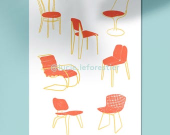 May include: A white print featuring six distinct chair illustrations in yellow and red. The chairs are depicted in various styles, including a lounge chair, a wire-grid chair, and several dining chairs. The text @lucie.leforestier is visible.