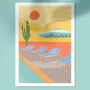 Poster estivo – Sedie a sdraio, piscina e paesaggio