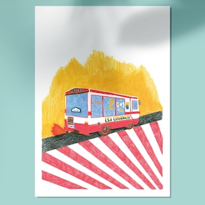 Illustrazione di un camion di patatine fritte – camion di cibo d'epoca – poster colorato