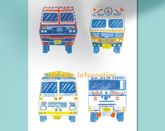 May include: A white art print featuring four hand-drawn illustrations of Indian trucks viewed from the front. The trucks are colored in blue, yellow, white, and red, with detailed text including "GOODS CARRIER," "ALL INDIA PERMIT," and "BHARATBENZ."