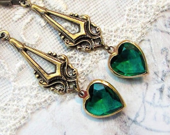 Romantic Emerald Hearts, Vintage Emerald Green Glass Hearts Gold Framed Jewel and Art Deco Style Brass Earrings by Hollywood Hillbilly