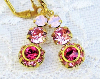 Shades of Rose, Four Unique Vintage Swarovski CrystaIs Rose Water Opal, Light Rose ,Indian Pink, Rose Peach Earring by Hollywood Hillbilly