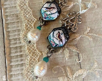 Persian Skies,Antique Persian Bird Enamel,Large Baroque Pearls, Genuine Emeralds Assemblage Earrings by Hollywood Hillbilly