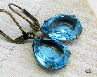 Aqua Blue Tear Drops , Vintage Estate Style Aqua Czech Glass Transparent Jewel Teardrop Earrings by Hollywood Hillbilly