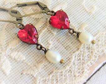 Delicate Love, Vintage Bright Red Crystal Rhinestone Hearts & Genuine Freshwater Real Pearls, Assemblage Earrings by Hollywood Hillbilly
