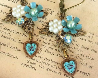 Something Blue Bouquet, Vintage Dusty Aqua Blue & Guilloche Hearts, Filigree Leaf,  Miriam Haskell Style Altered Vintage Assemblage Earrings