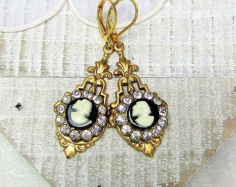 Midnight Cameo, Vintage Black and White Cameos Surrounded by Rhinestones,Brass Settings,Altered Assemblage Earrings ,Hollywood Hillbilly