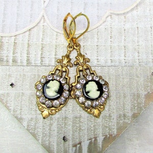 Midnight Cameo, Vintage Black and White Cameos Surrounded by Rhinestones,Brass Settings,Altered Assemblage Earrings ,Hollywood Hillbilly