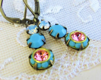 Turquoise & Rose,Three Unique Vintage Swarovski CrystaIs White Opal, Turquoise and Rose Peach Rhinestone Earring by Hollywood Hillbilly