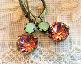 Sweet Peach, Rose Peach & Chrysolite Opal Swarovski Crystal, Antiqued Brass Settings Estate Style Jewel Earrings by Hollywood Hillbilly