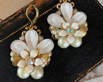 Joie de Vivre, Ode to Miriam Haskell,Vintage Pearl Flower and Rhinestone Baroque Assemblage Earrings by Hollywood Hillbilly