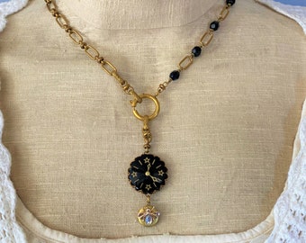 Frozen in Time ,Vintage clock Face Button, Tiny Bee Locket ,Black Crystals, Vintage Chain Altered Assemblage Necklace ;Hollywood Hillbilly