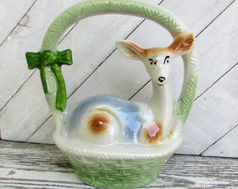 Deer in Green Basket, Vintage 1930 Iridescent Porcelain Deer in Green Basket & Green Bow, Made in  Brazil Porcelain from Hollywood Hillbilly