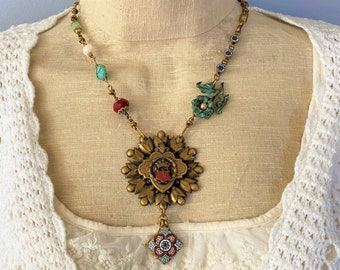 Sovereigns & Knights, Vintage Brass Enamel Medal, Micro Mosaic, Aqua Amazonite,Red Glass.Altered Assemblage Necklace,Hollywood Hillbilly