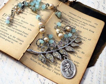 Watch Over Me,Vintage Angel Medallion &  Rhinestone Leaf, Vintage Pearl Aqua Chalcedony Assemblage Necklace by Hollywood Hillbilly