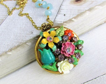 Vintage Flower Locket, Colorful Vintage Enamel Flower,Brass Locket & Aqua Chalcedony Beads Assemblage Locket Necklace by Hollywood Hillbilly