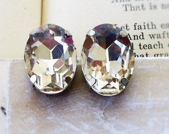 Glacier Ice ,White  Rhinestone , Estate Style ,Crystal Clear Oval Glass Post Earrings by Hollywood Hillbilly