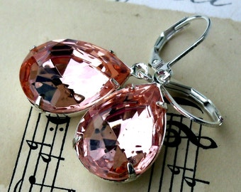 Angel Pink, Estate Style Rose Blush Vintage Pear Shaped Jewel Silver Plated Settings & 925 silver Lever backs Earrings