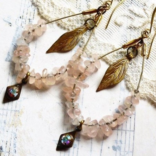 Pink Reflection,Vintage Pink Quartz Hoops,Vintage Brass Leaves & Diamonds,Aurora Borealis Rhinestone Assemblage Earrings,Hollywood Hillbilly