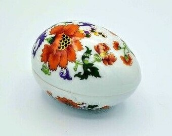 LIMOGES France Egg, Vintage Limoges Egg-Shaped Orange, Green and Purple Floral Porcelain Trinket Box from Hollywood Hillbilly