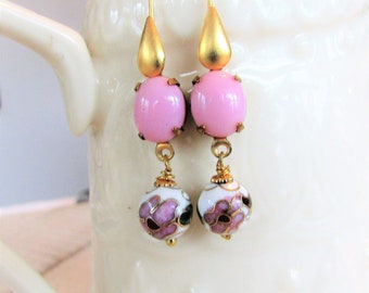 Pink Peonies, Vintage Pink Flower Cloisonne Enamel and Vintage Pink Oval Milk Glass Jewel Assemblage Earrings by Hollywood Hillbilly