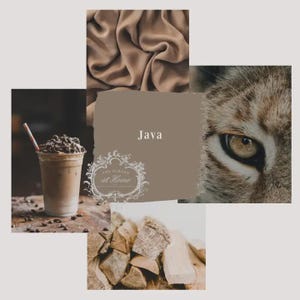 May include: A collage featuring a coffee drink, fabric, a lynx eye, and firewood. The word "Java" is displayed on a brown background, along with the "Amy Howard at Home" logo. The color palette is neutral with brown and beige tones.