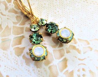 Shades of Eden, Green Chrysolite, Erinite, Pacific Opal & Rose Water ,Unique Vintage Austrian Crystals Earring by Hollywood Hillbilly