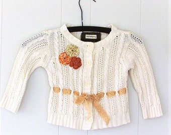 Cream Cardi,2 to 3 year old Girls Cable Knit Cotton Altered Cardigan,Vintage lace & Vintage Sack Cloth Yoyo, Sustainable Sweater