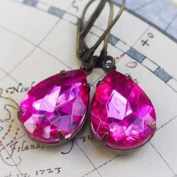 Fiery Fuchsia , Raspberry Pink Rhinestone Pear Jewels in Antiqued Brass Teardrop Earrings by Hollywood Hillbilly