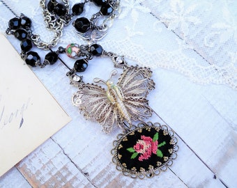 Black Victorian Butterfly Garden, Vintage Petit Point Rose & Silver Filigree Butterfly and Bird Assemblage Necklace by Hollywood Hillbilly