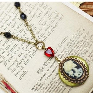 Not Grandma&#39;s Cameo, Skull Cameo Locket with Red Rhinestone Heart & Jet Black Glass Bead Steampunk Locket Necklace, Hollywood Hillbilly