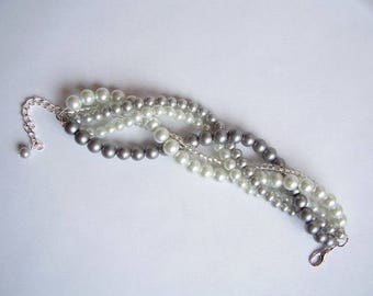 Grey and white custom order bracelet braided twisted chunky statement pearl bracelet bridesmaid bridal