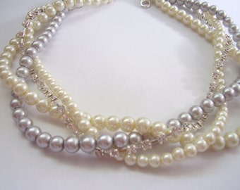 Rhinestone pearl braided twisted chunky statement pearl necklace bridesmaid bridal