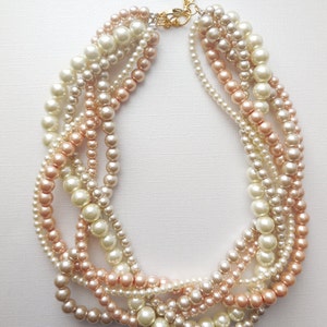 Bridesmaid pearl necklaces Gold Champagne and ivory braided twisted chunky statement pearl necklace bridal