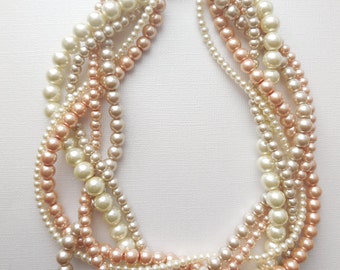 Bridesmaid pearl necklaces Gold Champagne and ivory braided twisted chunky statement pearl necklace bridal