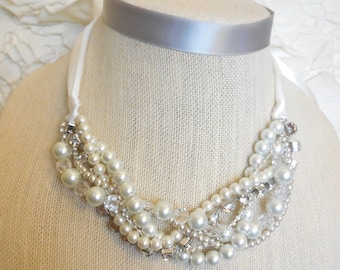 Ribbon rhinestone ivory white champagne crystal braided twisted chunky statement pearl necklace bridesmaid bridal