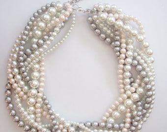 Blush statement pearl necklace Custom order necklaces bride bridal pale pink blush silver grey white braided twisted chunky statement pearl