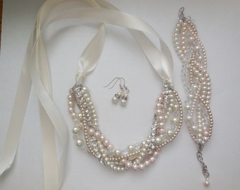 Ribbon rhinestone ivory pale pink champagne crystal braided twisted chunky statement pearl necklace bridesmaid bridal