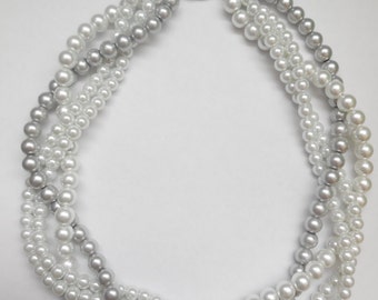 Grey and white braided twisted chunky statement pearl necklace