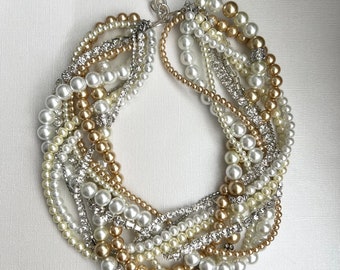 Ivory champagne white pearl twisted chunky statement necklace rhinestone bridesmaid bridal custom order