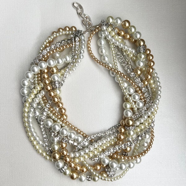 Ivory champagne white pearl twisted chunky statement necklace rhinestone bridesmaid bridal custom order