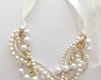 Ribbon rhinestone gold ivory white champagne crystal braided twisted chunky statement pearl necklace bridesmaid bridal